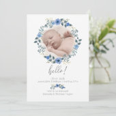 Baby Geboorteaankondiging | Waterverf Blauwe Flora Kaart (Staand voorkant)