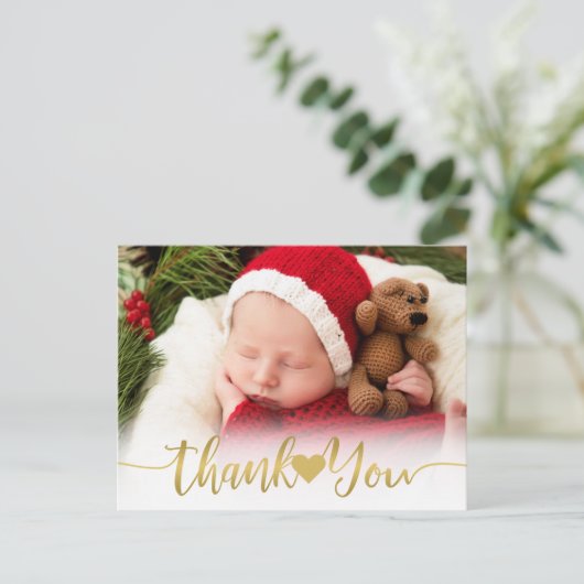 Baby Geboortefoto Modern Gold Script Hart Dank U Feestdagenkaart (Staand voorkant)