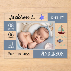 Baby Geboortestatistieken Eén Fotoaankondiging Acryl Uitnodigingen