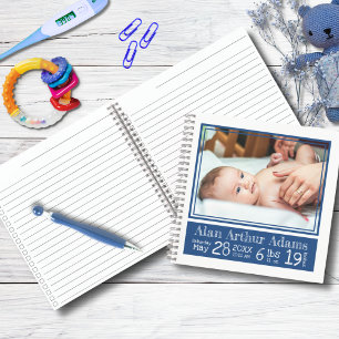 Baby Geboortestatistieken Foto Notitieboek Blauw