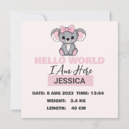 Baby Geboren Details Roze Koala Aankondiging
