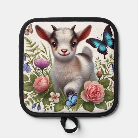 Baby Geit met kleurrijke vlinders en bloemen Pannenlap (Voorkant)