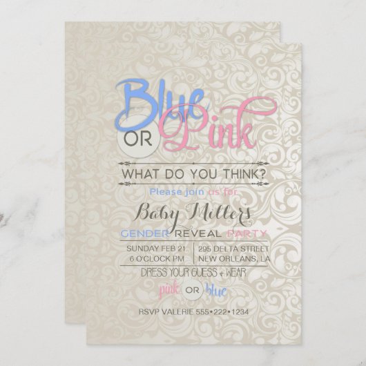 Baby Gender Reveal Party Satin Damask Kaart (Voorkant / Achterkant)