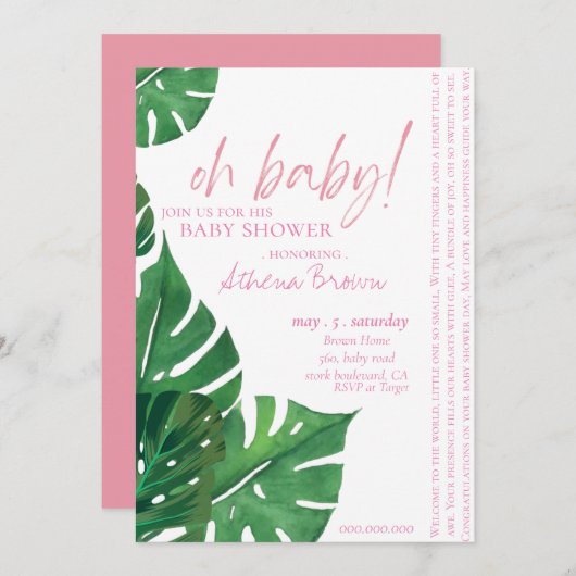 Baby Gir, Script Quote Tropical Floral Baby shower Kaart (Voorkant / Achterkant)