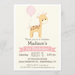 Baby Giraffe Girl's Birthday Party Invitation Kaart