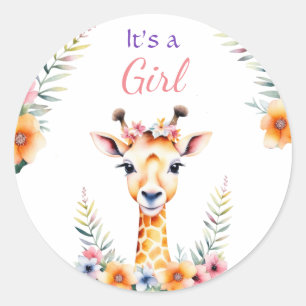 Baby Giraffe in Flowers, het is een meisje   BABY  Ronde Sticker
