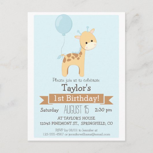 Baby Giraffe Invitation de fête d'anniversaire de  (Devant)
