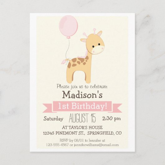 Baby Giraffe Invitation de fête d'anniversaire de  (Devant)