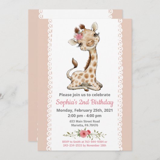 Baby Giraffe Invitation fête d'anniversaire (Devant / Derrière)