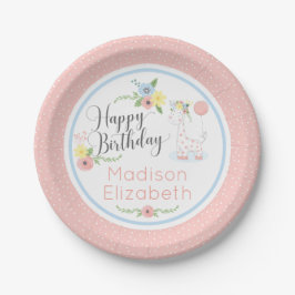 Baby Giraffe Pink Floral Happy 1st Birthday Party Papieren Bordje
