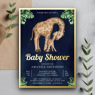 Baby Giraffe Safari Navy Baby shower Gold Folie Uitnodiging