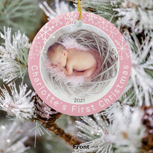 Baby Girl 1e kerstfoto Snowflakes Roze Keramisch Ornament