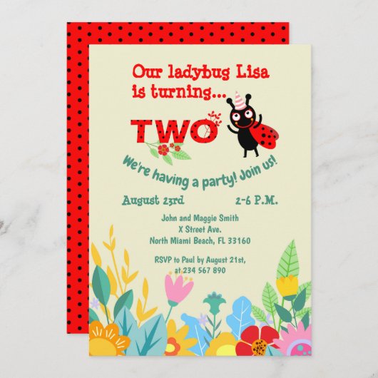 Baby girl 2e verjaardag ladybug party uitnodiging (Voorkant / Achterkant)