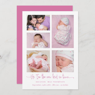Baby Girl 5 Foto Collage Pink Script Birth Aankondiging
