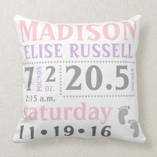 Baby Girl Announcement Pillow, roze, paars, grijs Kussen