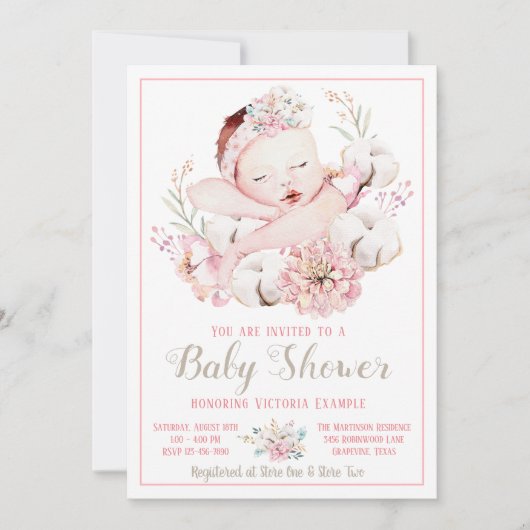 Baby Girl Aquarelle Bébé Douche Invitations (Devant)
