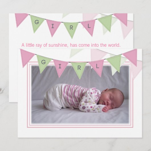 Baby Girl Banner Flags Birth Foto kondiging Kaart (Voorkant / Achterkant)