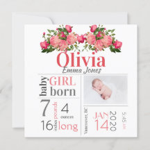 Baby Girl Birth Stat Faire-part rose Floral Card