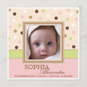 Baby Girl Birth Twee foto's in roze + bruine Stipp Aankondiging