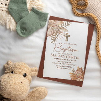 Baby Girl Boho Floral Brown Baptême Invitation
