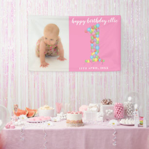 Baby Girl Boy 1st Birthday Balloons Nummer Een Spandoek