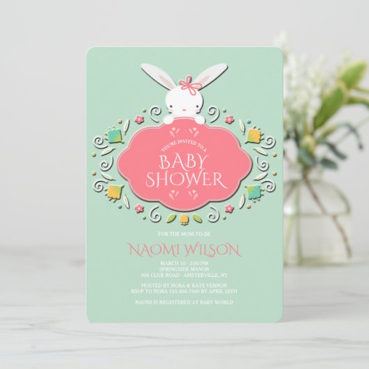 Baby Girl Bunny Shower-uitnodiging Kaart (Staand voorkant)