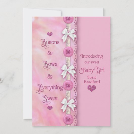 Baby Girl Buttonnen en Bows Pink Announge Aankondiging (Voorkant)