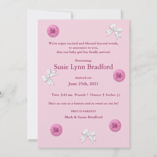 Baby Girl Buttonnen en Bows Pink Announge Aankondiging (Achterkant)