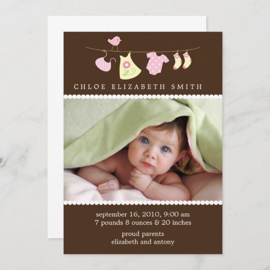 Baby Girl Clothesline Birth Announements Aankondiging (Voorkant / Achterkant)