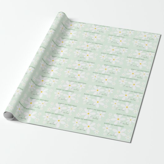 Baby Girl Daisy Flower (Mint) Cadeaupapier (Uitgerold)