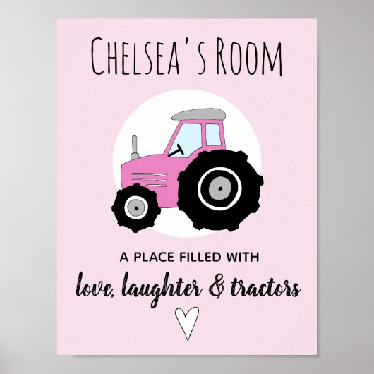 Baby Girl Doodle Pink Boerderij Tractor Name Nurse Poster (Voorkant)
