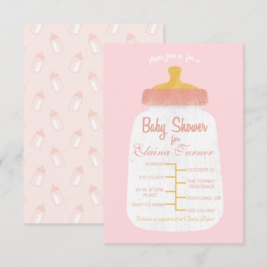 Baby Girl Douche bébé bouteille Invitation (Devant / Derrière)