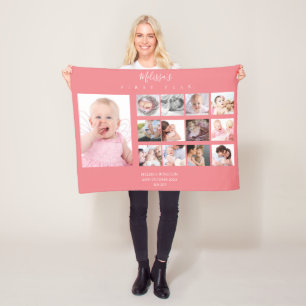 Baby girl Eerste jaar Foto collage 12 maanden Roze Fleece Deken
