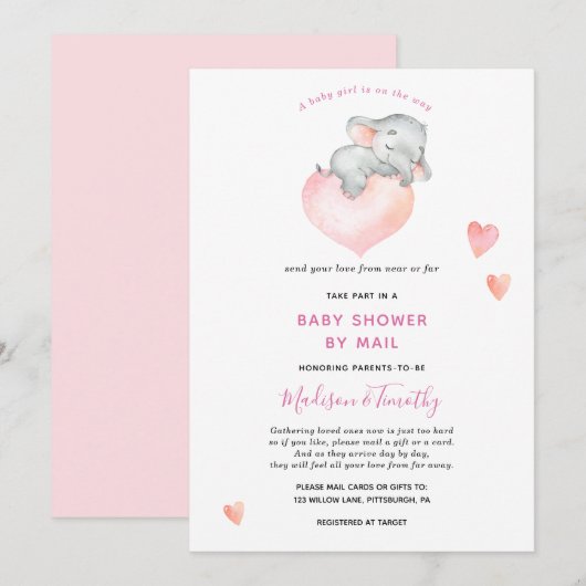 Baby Girl Elephant Baby shower per post Kaart (Voorkant / Achterkant)