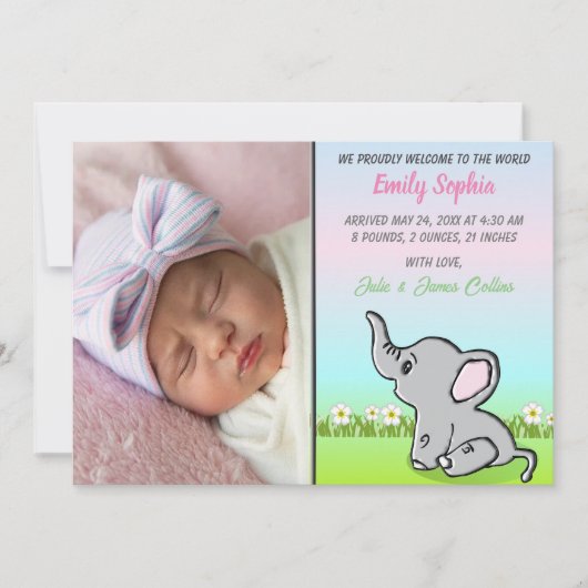 Baby Girl Elephant Flat Faire-part Card (Devant)