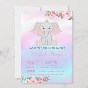 Baby Girl Elephant, Floral Holographic Baby shower Kaart