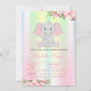 Baby Girl Elephant, Iridescent Floral Baby shower Kaart