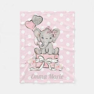 Baby Girl Elephant Pink Silver Glitter Balloons Fleece Deken