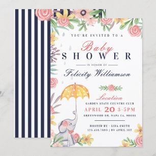 Baby Girl Elephant Umbrella Baby shower Invitation