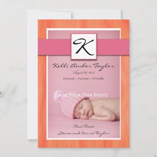 Baby Girl Faire-part de naissance rose orange (Devant)