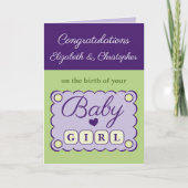Baby girl felicitaties paars groen kaart (Voorkant)