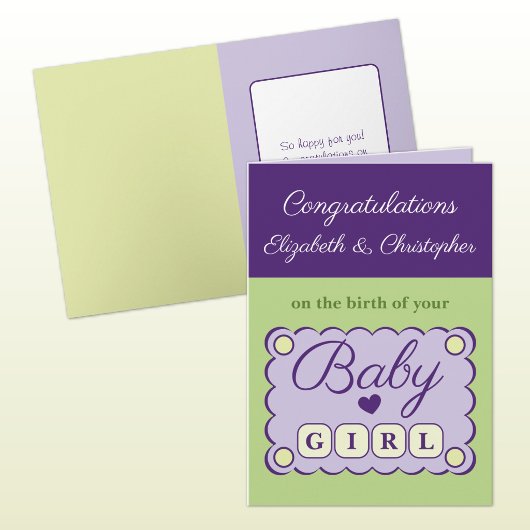 Baby girl felicitaties paars groen kaart
