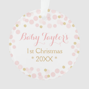 Baby Girl First Christmas Ornament, Dots d'or rose