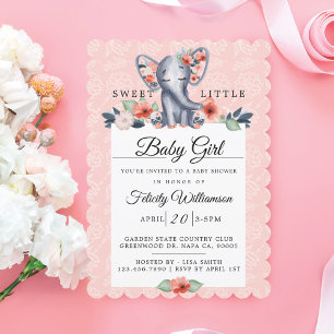 Baby Girl Floral Elephant Baby shower Invitation Kaart