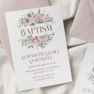 Baby Girl Floral Wreath Baptism Invitation
