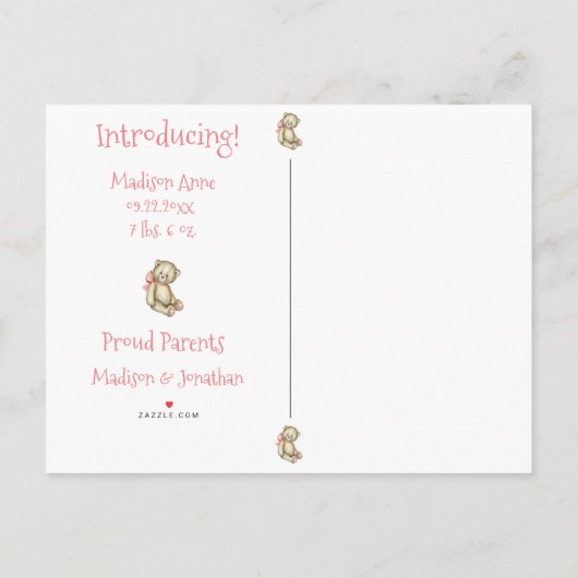 Baby Girl Foto roze Typografie Name Stats Aankondigingskaart (Achterkant)