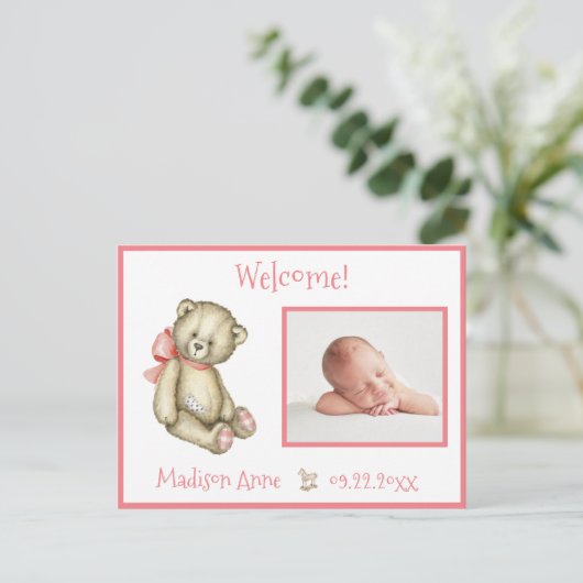 Baby Girl Foto roze Typografie Name Stats Aankondigingskaart (Staand voorkant)
