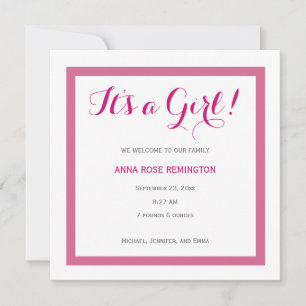 Baby Girl Geboorteaankondiging Classic Style Pink Kaart