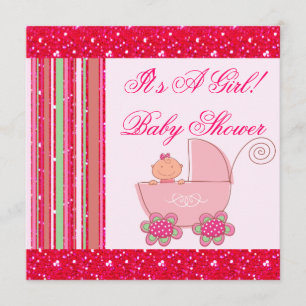 Baby Girl & Glittery Strawberry Roze Baby shower Kaart