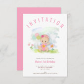 Baby Girl Illustratie Roze Eerste Verjaardag Party Kaart (Voorkant / Achterkant)